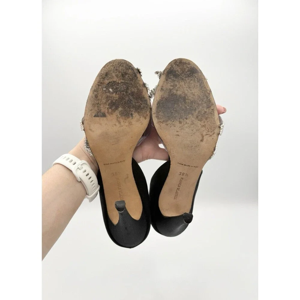 Manolo Blahnik Black Satin & Rhinestone Cross Strap Heels Size EU 38.5